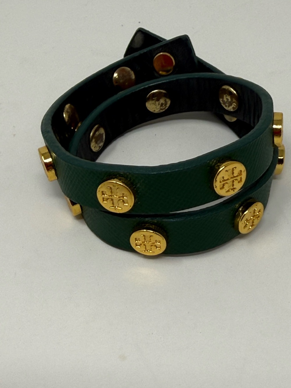 Tory Burch Forest Green Double Wrap Logo Stud Bracelet with Gold Accents